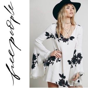 Free People White and Black Floral Long Sleeve Dress
